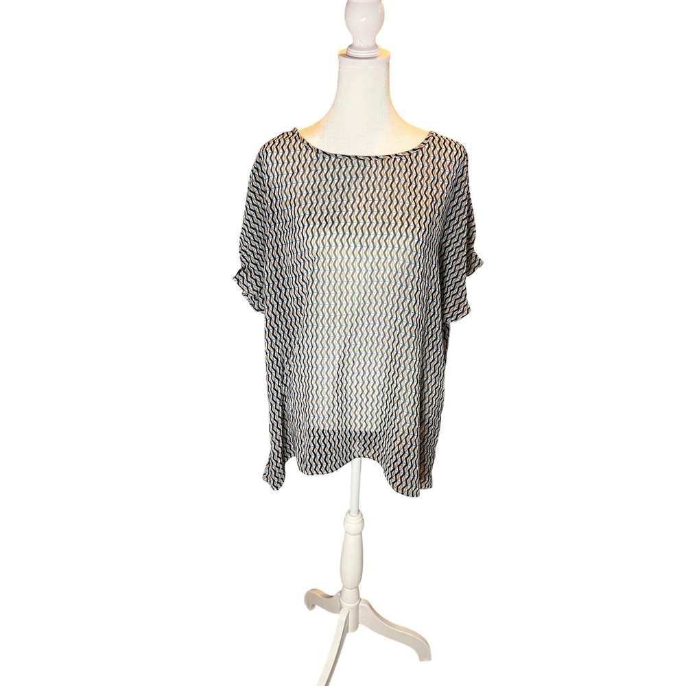 Joe Fresh Womens XL Geometric Chevron Sheer Chiffon Blouse Black Mint